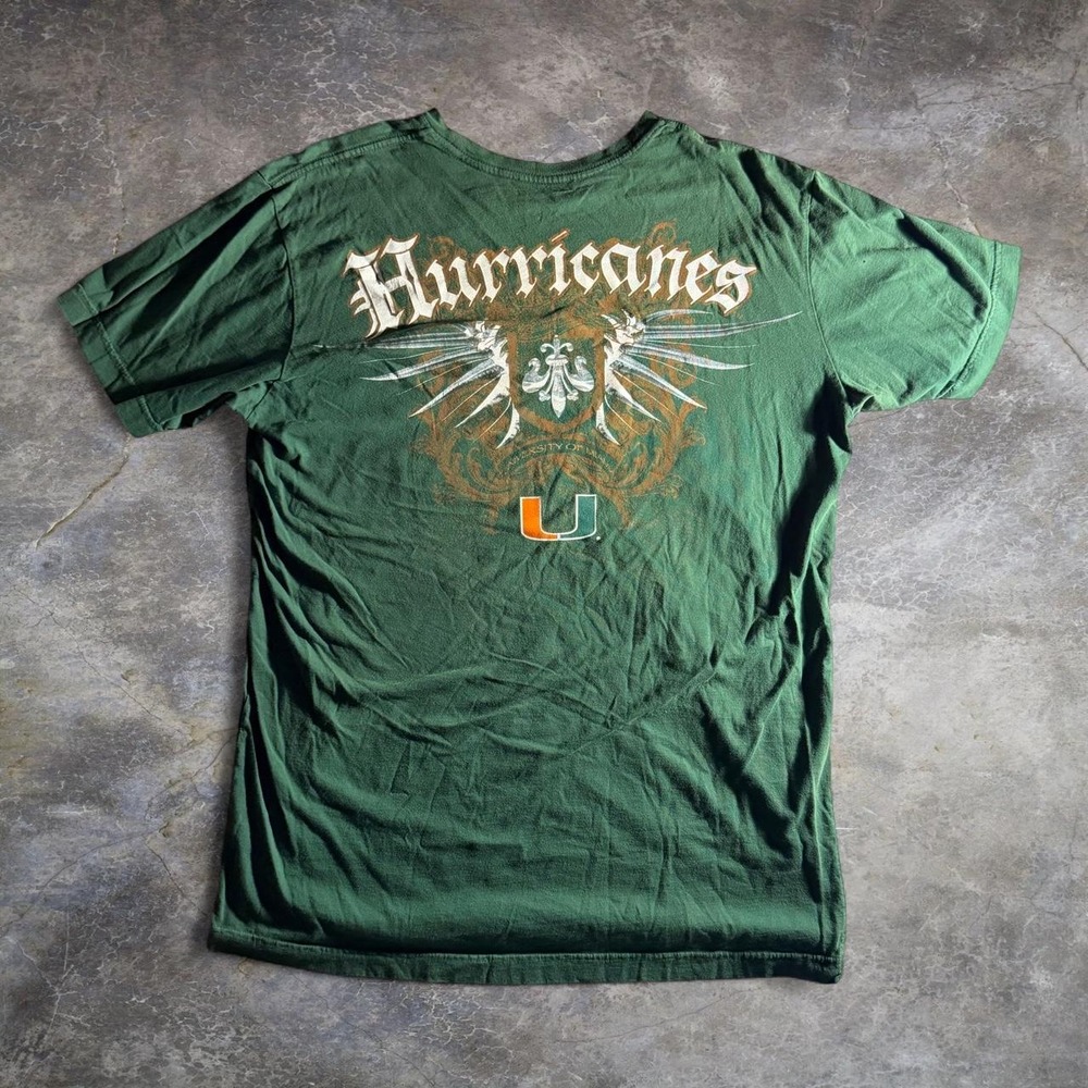 Miami Hurricanes Green Graphic T Shirt University of Miami Y2K Style Mens L